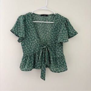 floral green tie front peplum top